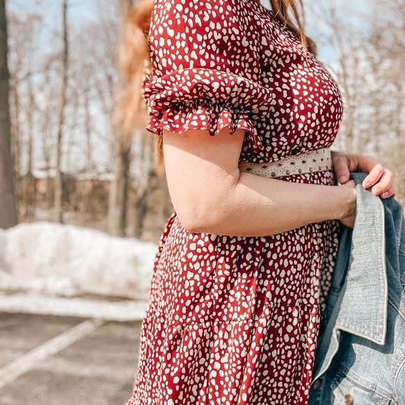 Dark Red Tiered Dress with Puff Sleeve - Picture 3 of 8